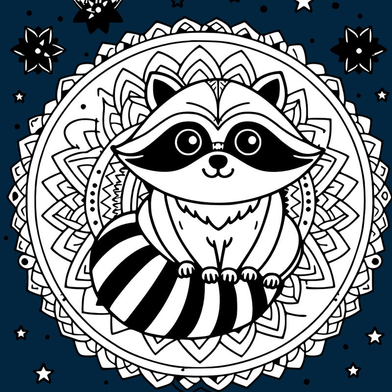 a mandala raccoon with a mandala moon and stars in the background