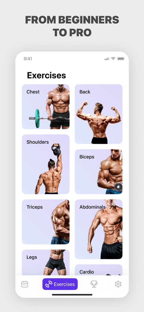 Mobile app screen showing various workout categories by muscle group including chest back and abs