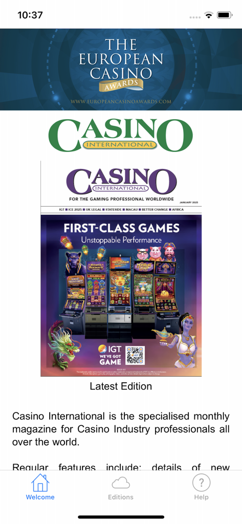 Home screen of the Casino International Magazine app displaying the latest issue cover