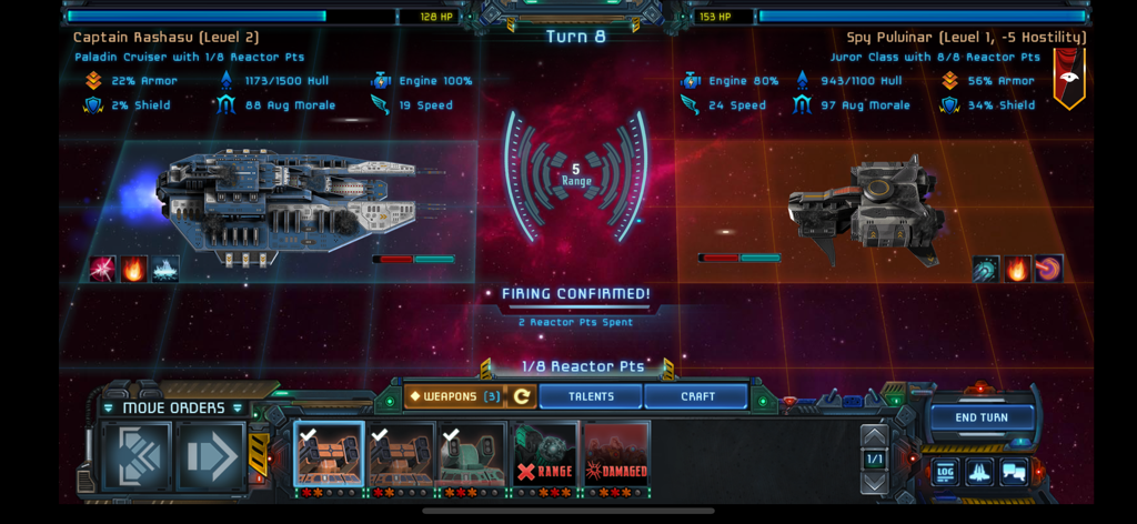 Tactical ship combat interface in Star Traders Frontiers showing two starships and detailed status bars during a space battle.