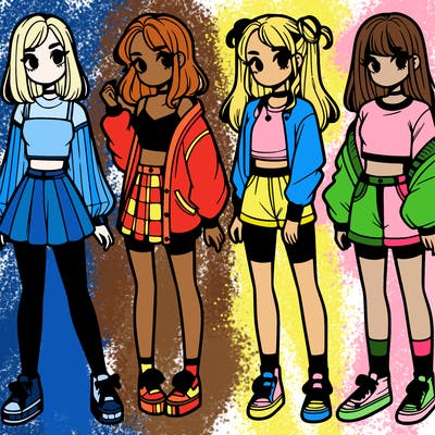 one girl with crop-top shirt and a jacket with a skirt, long socks and another girl with a shirt and pants with a jacket