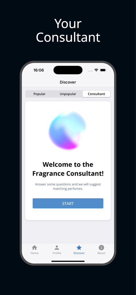 Smartphone screen showing the Parfumo app Fragrance Consultant welcome page for personalized perfume discovery