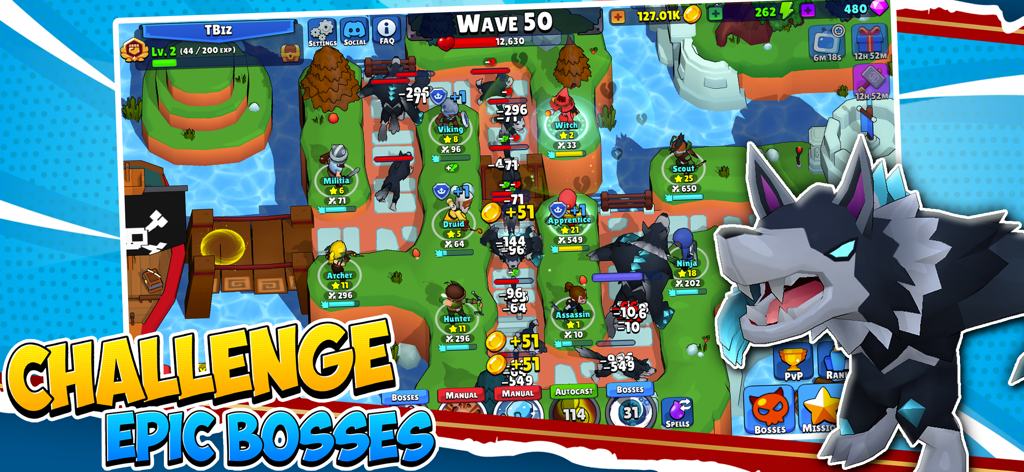 Idle Hero TD Tower Defense RPG - Gameplay of Idle Hero TD showing hero units defending against an epic wolf boss at wave 50