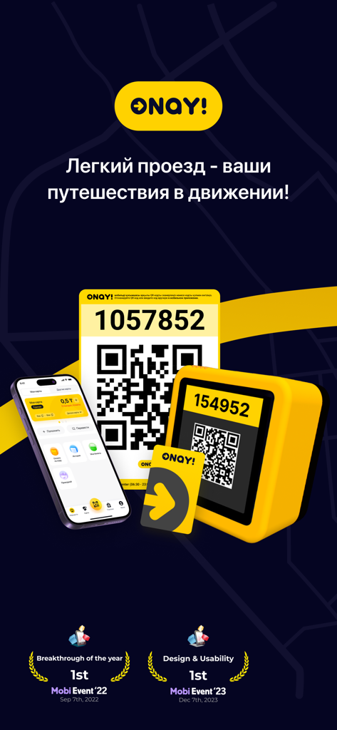 Promotional graphic for the ONAY transport app showing the mobile interface QR payment systems and award badges