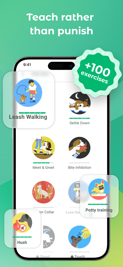 Interfaz de la aplicación Dogo que muestra una variedad de ejercicios de entrenamiento canino, incluyendo caminar con correa y entrenar para ir al baño con un eslogan de refuerzo positivo