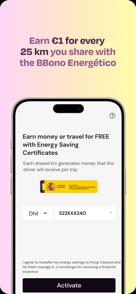 TRIBBU-App-Bildschirm mit finanziellen Belohnungen und Energiesparzertifikaten für geteilte Fahrgemeinschaftsfahrten.