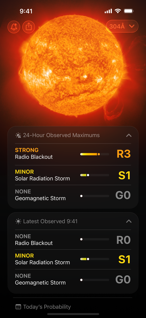 Interface of the Solar Weather app showing a detailed UV image of the sun with current levels of radio blackouts and solar radiation storms