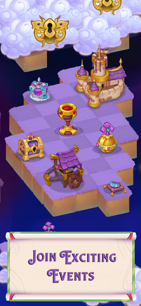 Captura de pantalla de Merge Magic que muestra objetos mágicos en islas moradas y un banner de Únete a Eventos Emocionantes.