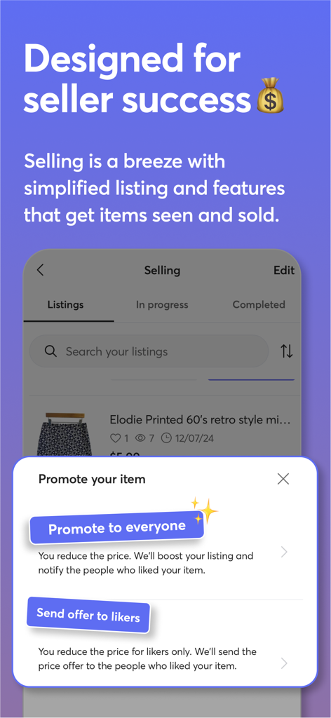 Mercari: Buying & Selling App - Mercari app interface showing seller tools to promote listings and send offers to likers