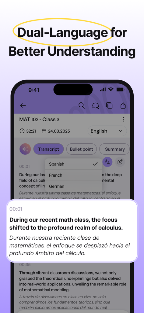 iMemo AI Note Taking & Summary - iMemo app interface showing a side-by-side dual-language transcription of a math lecture in English and Spanish.