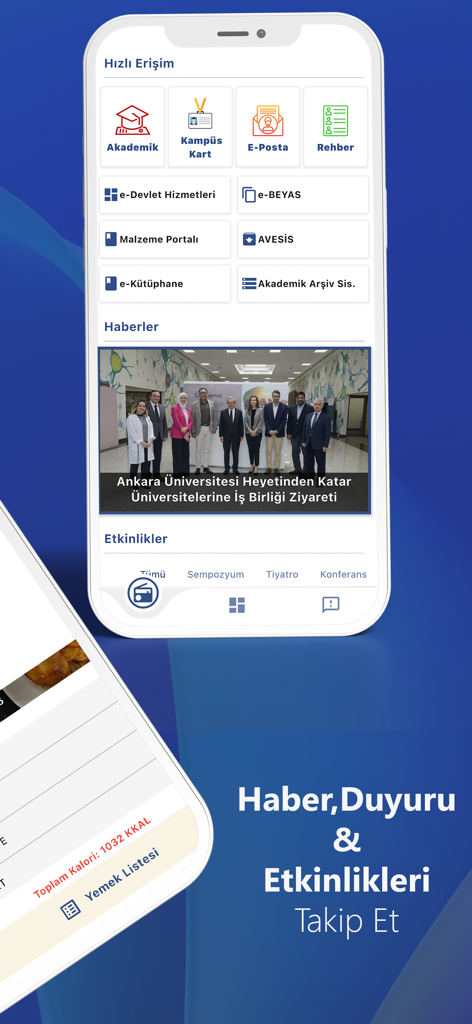Ankara University mobile app dashboard featuring quick access links for academics, campus card, email, and university news