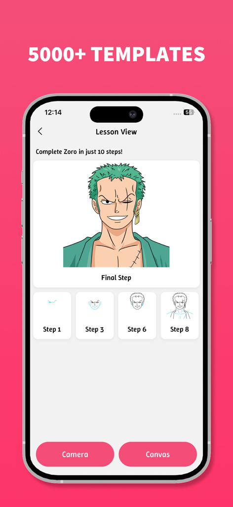 Drawing Sketch & Paint - Mobile app interface showing a step-by-step tutorial to draw an anime character