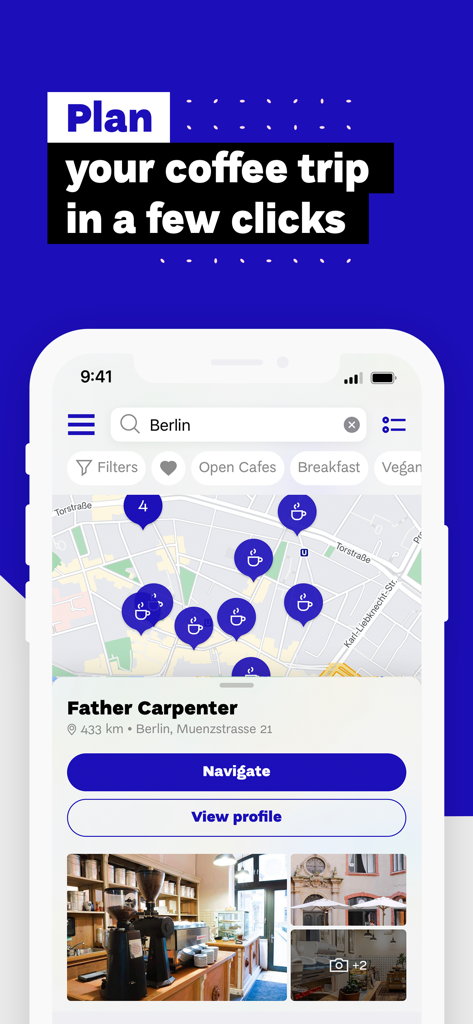 Mobile app interface of European Coffee Trip showing a map of specialty coffee shops in Berlin with navigation and cafe profiles