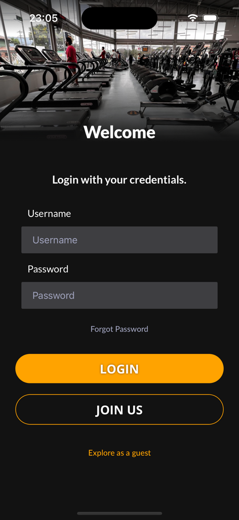Fitness24Seven Colombia - Anmelde- und Begrüßungsbildschirm der Fitness24Seven Kolumbien App mit Feldern für Benutzername und Passwort