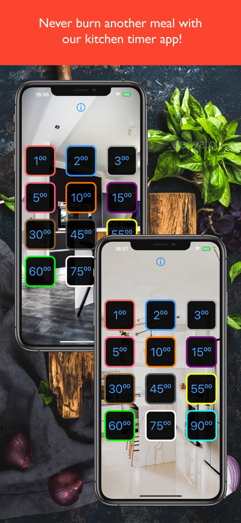 Kitchen timer with alarm - Professional kitchen timer app interface showing twelve simultaneous cooking timers on two iPhones
