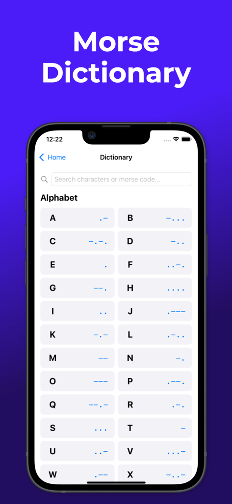 Morse Code Decoder and Encoder - アルファベットの文字とその対応するドットとダッシュ信号を示すモールス信号辞書を表示するモバイルアプリ画面