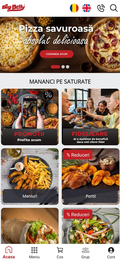 Tela inicial do aplicativo de entrega de comida Big Belly Cluj com banner de pizza e categorias de menu de comida