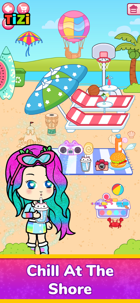 Uma personagem chibi com cabelo brilhante aproveitando um dia na praia em Tizi Town.