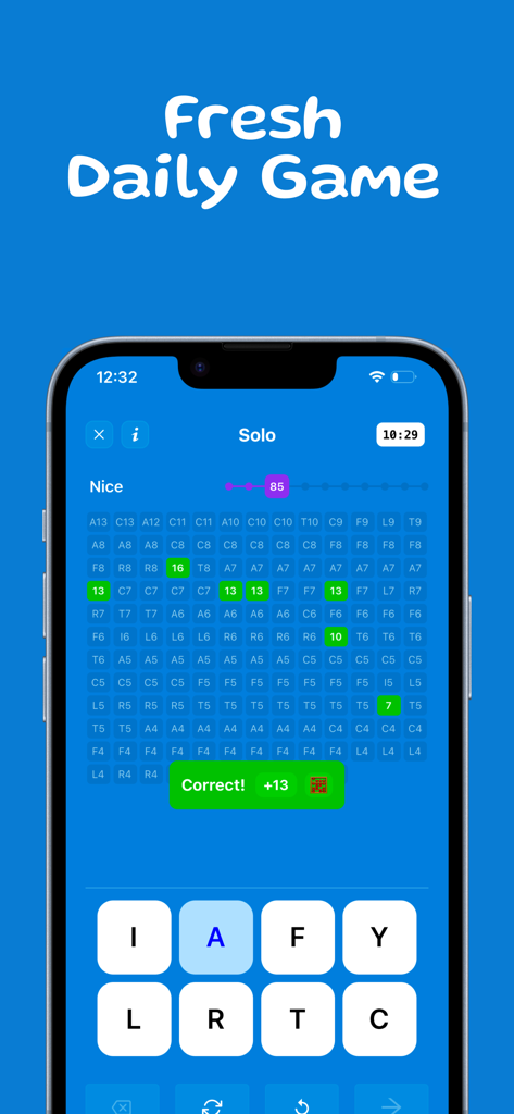 Bloobi - A screenshot of the Bloobi mobile app showing the Solo mode interface with a word unscramble grid and letters.