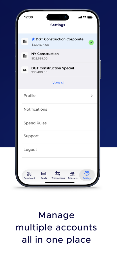 Tela de configurações do aplicativo PEX mostrando várias contas empresariais de empresas de construção com seus saldos atuais