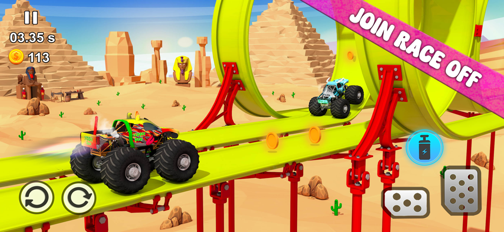 Monster Truck+ : Race Off Ramp - Monster trucks racing on a mega ramp in a desert environment with pyramids
