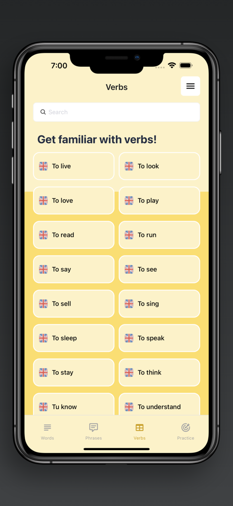 Interface of the Learn Neapolitan app showing a list of English verbs to learn