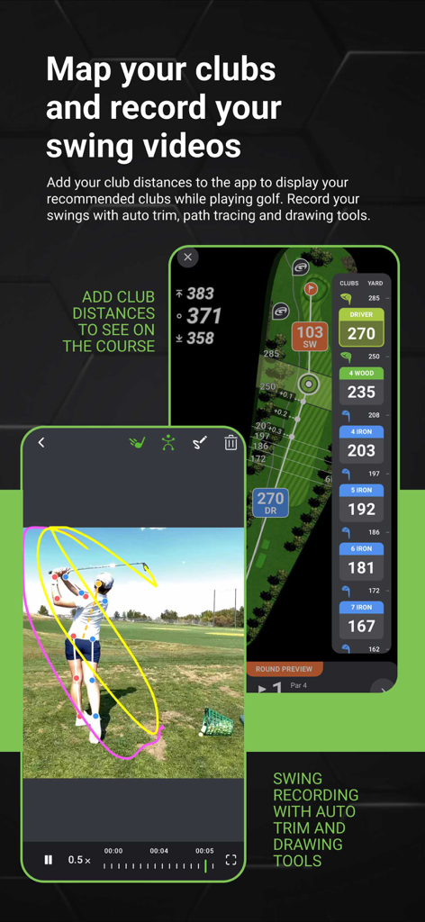 GOLFTEC mobile app screens showing club distance mapping on a course and swing recording with motion analysis tools.