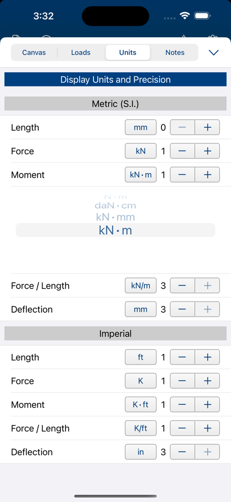 iBeams Pro - Interface for selecting Metric and Imperial units and decimal precision for structural engineering calculations