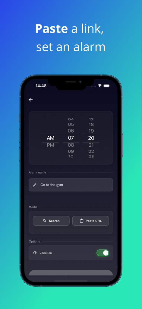 VividAlarm – Video Alarm Clock - Pantalla de la aplicación VividAlarm para configurar la hora de la alarma y pegar un enlace de video