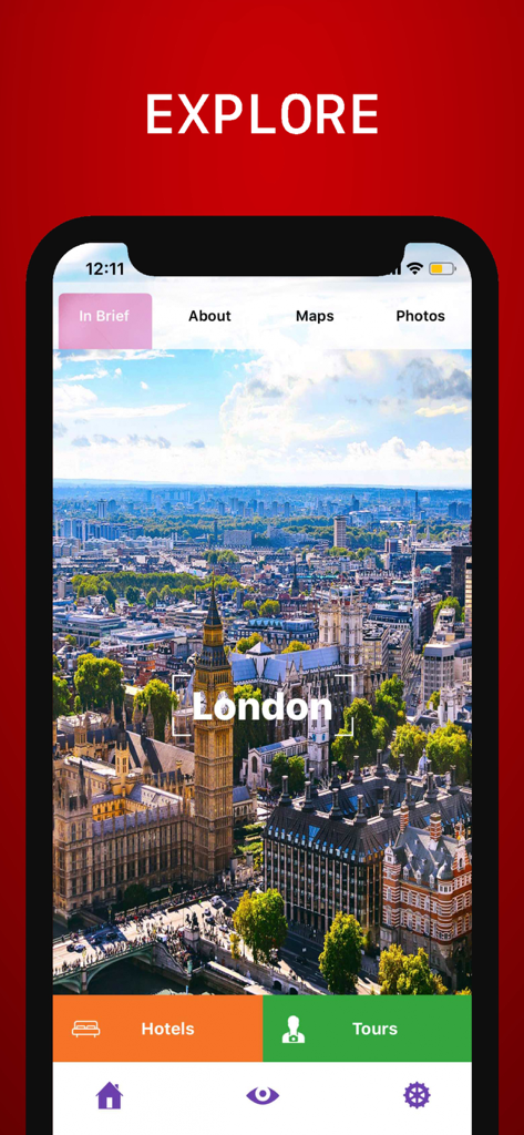 London Travel Guide with Map - 런던 여행 가이드 앱 탐색 화면, 빅벤과 국회의사당의 파노라마 뷰, 호텔 및 투어 내비게이션 옵션 표시