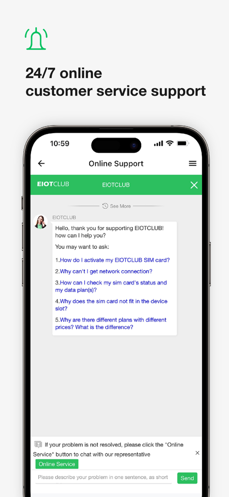 EIOTCLUB IoT SIM & eSIM - Tela de smartphone mostrando o chat de suporte ao cliente online 24/7 do aplicativo EIOTCLUB