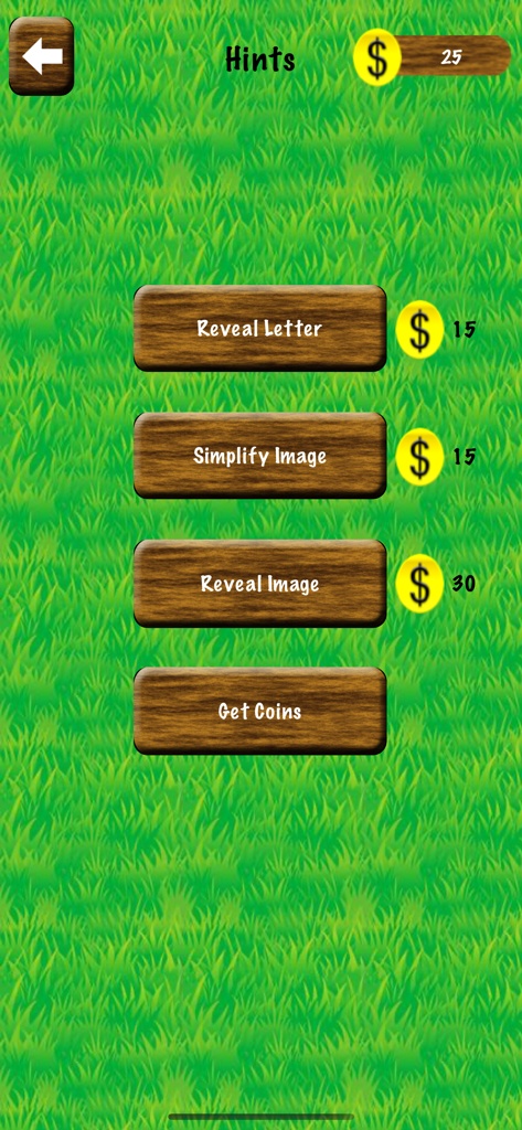Name The Animal - Word Game - Hints menu in Name The Animal game showing options to reveal letters and images using in-game coins