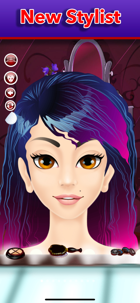 A girl character with purple hair and big eyes in a Halloween makeover and hair styling game
