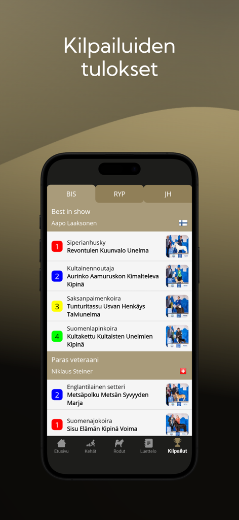 Showlink - A mobile screen from the Showlink app displaying dog show competition results and Best in Show rankings.