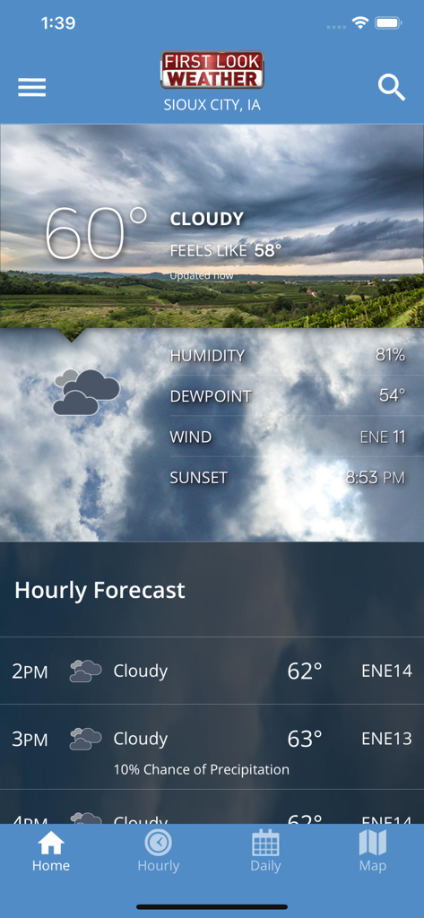 Siouxland Weather - Siouxland Weather app home screen showing current local temperature and hourly forecast for Sioux City
