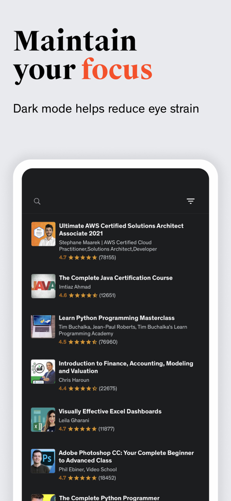 Udemy Online Video Courses - Udemy App-Bildschirm im Dark Mode, der eine Liste von Technologie- und Wirtschaftskursen zur beruflichen Weiterbildung anzeigt.
