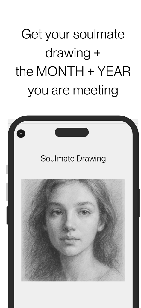 Starcrossed app interface showing a realistic pencil sketch of a soulmate with text about meeting date prediction.