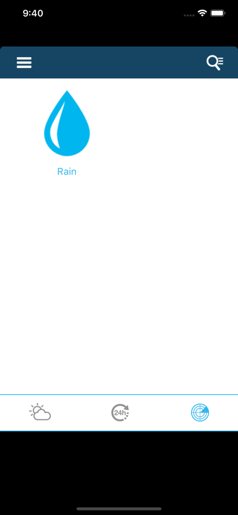 Weather for Finland - Schermata delle previsioni pioggia con una grande icona a forma di goccia d'acqua blu nell'app Meteo Finlandia.