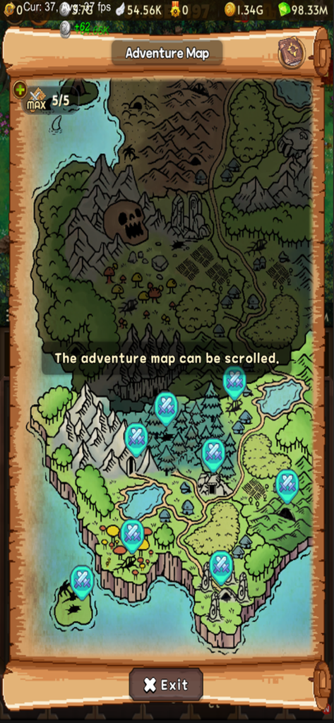 Everybody's RPG - Adventure map interface in Everybodys RPG showing world locations on a scroll