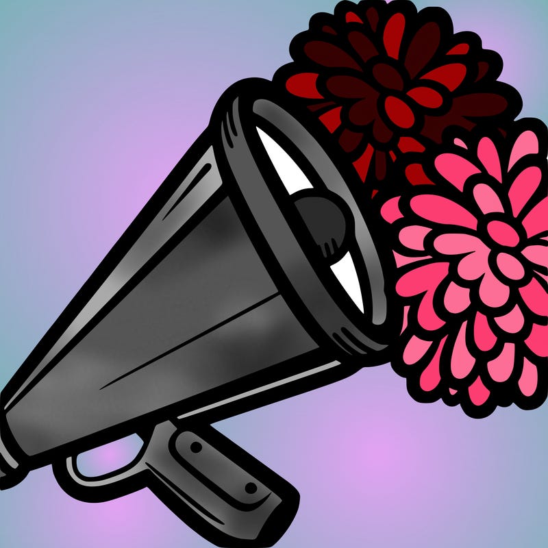 cheerleading megaphone with two pom poms on top/next to it