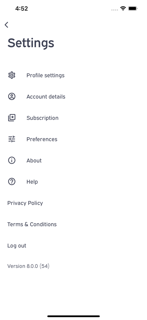 Emily Skye FIT: Workout App - Settings menu of the Emily Skye FIT app showing profile account and subscription options