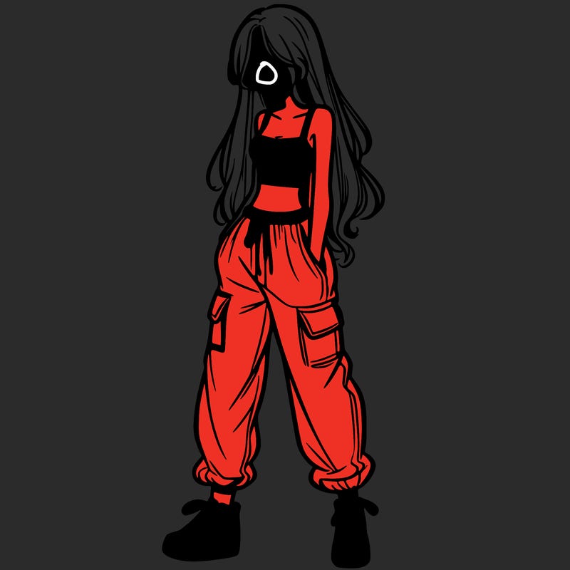 girl in baggy pants crop top and long hair