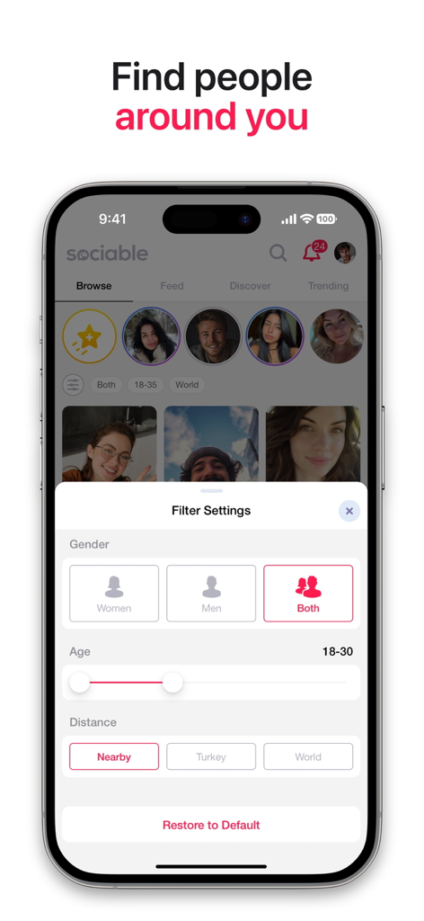 Sociable - Video Chat & Games - Sociable app filter settings screen showing options for gender age range and location to find new people