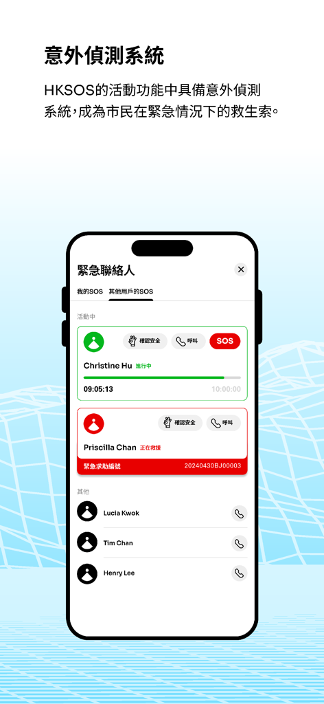 HKSOS - HKSOS app interface showing a list of emergency contacts with rescue status and SOS buttons.