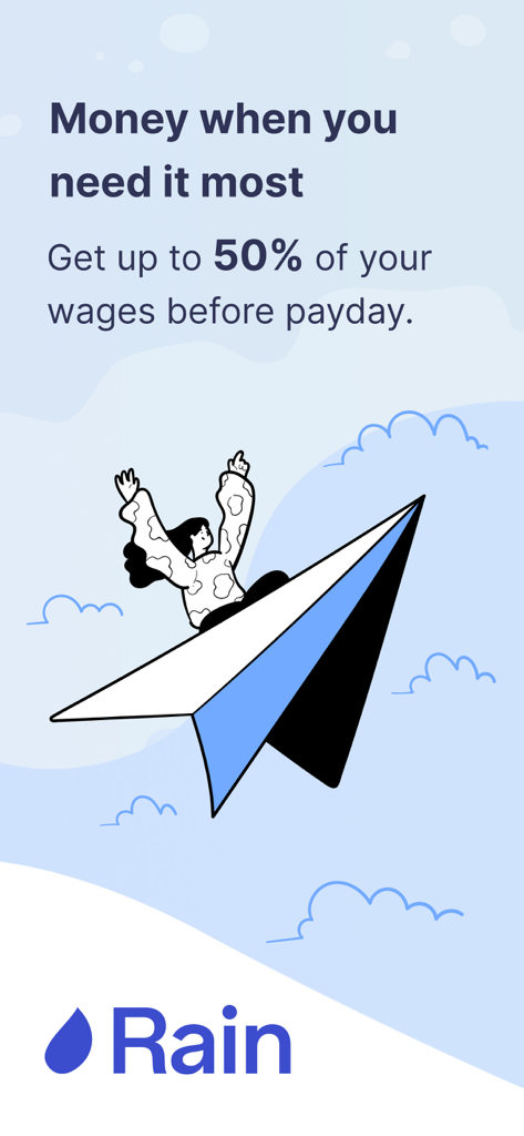 Rain Instant Pay app screen showing early wage access promotion