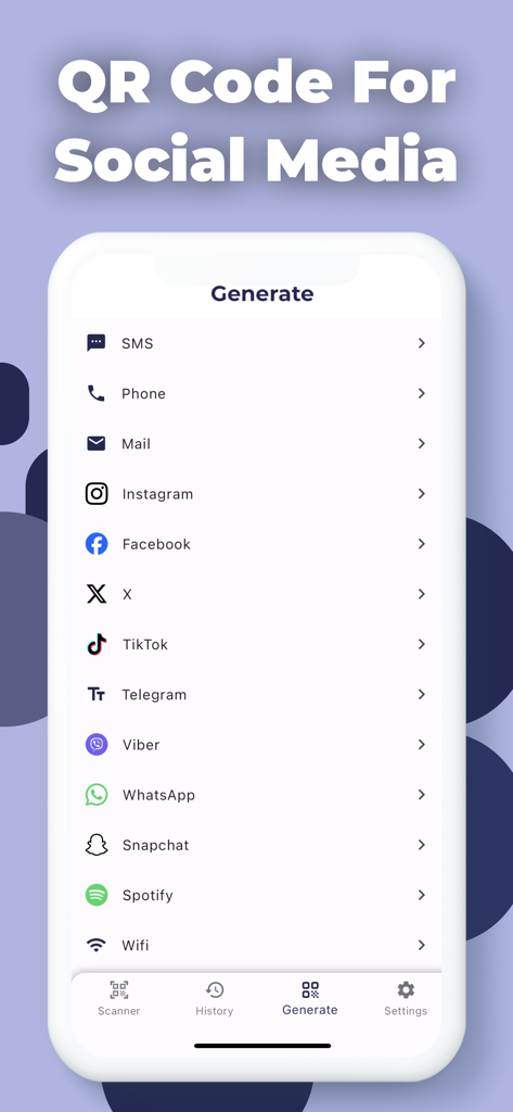 QR Code Reader App - ScanQR - Interfaccia per la generazione di codici QR personalizzati per varie piattaforme di social media e messaggistica