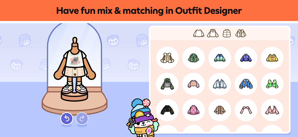 Toca Boca World Outfit Designer interface showing a mannequin and a collection of colorful clothing items for character customization