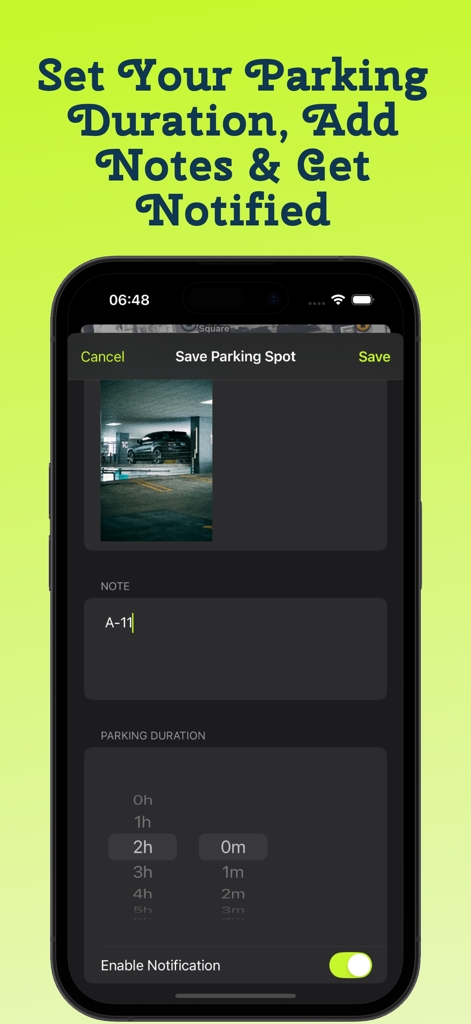 Parked Here - Find My Car - Pantalla de guardar lugar de estacionamiento con notas fotográficas y configuraciones de recordatorio de duración
