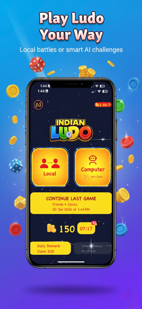 Indian Ludo, Ashta Chamma Game - Main menu of the Indian Ludo app showing options for local multiplayer and computer play with floating dice and coins