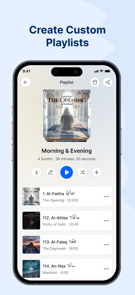 Smartphone screen showing the custom playlist feature in The Clear Quran Audiobook app with a Morning and Evening surah collection.